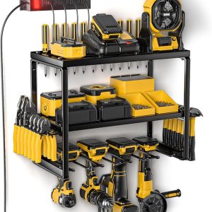Power Tool Organizer Wall Mount with Charging Station, 4 Layer 8 Slots Cordless Drill Holder for Garage Storage, Utility Racks Max 420lbs Load With 6 Outlet Power Strip for Fathers Men Gift