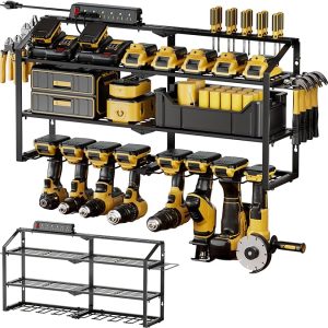 Power Tool Organizer Wall Mount with Charging Station, 3 Layers Storage Rack with 8 Cordless Drill Hangers, Tool Battery Holder Built in 6 Outlet Power Strip, Utility Racks for Garage Workshop