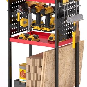 Power Tool Organizer Cart, Garage Tool Storage, Heavy Duty 4 Tier Floor Standing Rolling Shelf with Wheels, Mobile Workbench for Garage Workshop Home Repair, Birthday Gifts for Men, Red