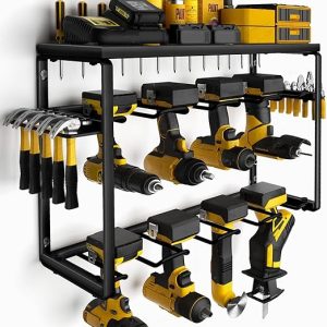 Power Tool Organizer, 8 Drill Holders Wall Mount, 3 Layer Heavy Duty Metal Storage for Garage Organization, Tools Storage with Hooks, Screwdriver Hammer Holder, Father's Day Mens birthday gift