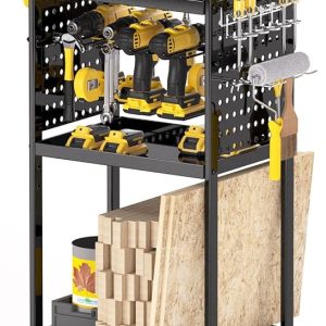 Power Tool Organizer Cart, Rolling Tool Rack with Wheels, Garage Storage Heavy Duty Metal Utility Shelf, Cordless Drill Holder with Pegboard for Workbench Woodworking, Gift for Men, Black