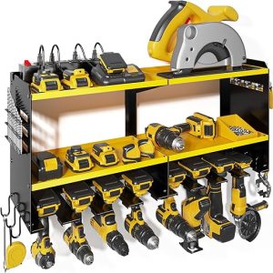 Power Tool Organizer Wall Mount with Charging Station, 15 Min Assembly & Maximum 150lb load by Heavy Duty Metal, 8 Slots for Cordless Drill, Tool Battery Holder with 6 Outlet Power Strip