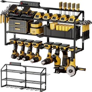 Power Tool Organizer Wall Mount with Charging Station, 3 Layers Storage Rack with 8 Cordless Drill Hangers, Tool Battery Holder Built in 6 Outlet Power Strip, Utility Racks for Garage Workshop