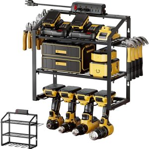 Heavy Duty Power Tool Organizer Wall Mount, 3 Layers Storage Rack with 6 Cordless Drill Holders, Garage Tool Organizer Storage for Workshop Shed, Charging Station Shelf, Father/Men Gifts