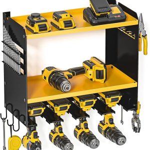 Power Tool Organizer Wall Mount, 15 Min Fast Assembly & Maximum 100lb load by Heavy Duty Metal,4 Slots for Cordless Drill, Garage Storage Shelf with Hooks, Father/Men/Husband Birthday Gift