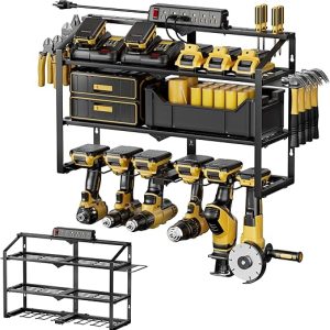 Heavy Duty Power Tool Organizer Wall Mount, 3 Layers Storage Rack with 6 Cordless Drill Holders, Garage Tool Organizer Storage for Workshop Shed Basement, Charging Station Shelf