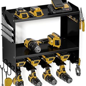 Power Tool Organizer Wall Mount, 15 Min Fast Assembly & Maximum 100lb load by Heavy Duty Metal,4 Slots for Cordless Drill, Garage Storage Shelf with Hooks, Father/Men/Husband Birthday Gift