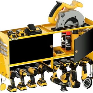 Power Tool Organizer Wall Mount, Garage Storage Cabinet with Doors and Shelves, Metal Storage Tool Box, 15 Min Assembly & Max 150lb BOAD, 4/6/8 Slots for Cordless Drill in Workshop