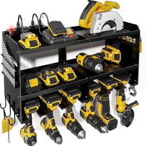 Power Tool Organizer Wall Mount with Charging Station, Garage Tool Shelf 6 Drill Holders, Tool Battery Holder with Plier holder Heavy Duty Rack, Tool Storage Rack with 4 Outlet Power Strip