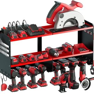 Power Tool Organizer Wall Mount with Charging Station, 15 Min Assembly & Maximum 150lb Load by Heavy Duty Metal, 8 Slots for Cordless Drill, Tool Battery Holder with 6 Outlet Power Strip