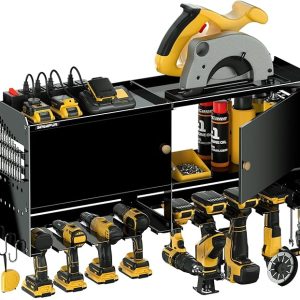 Power Tool Organizer Wall Mount with Charging Station,Garage Metal Cabinet 15 Min Quick Assembly & Max 150lb load with 6 Outlet Power Strip, 8 Slots Cordless Drill for Workshop/Shed/Tool Room